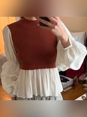 English Factory Rust Brown Ribbed Knit Peplum Blouse with White Puff Sleeves